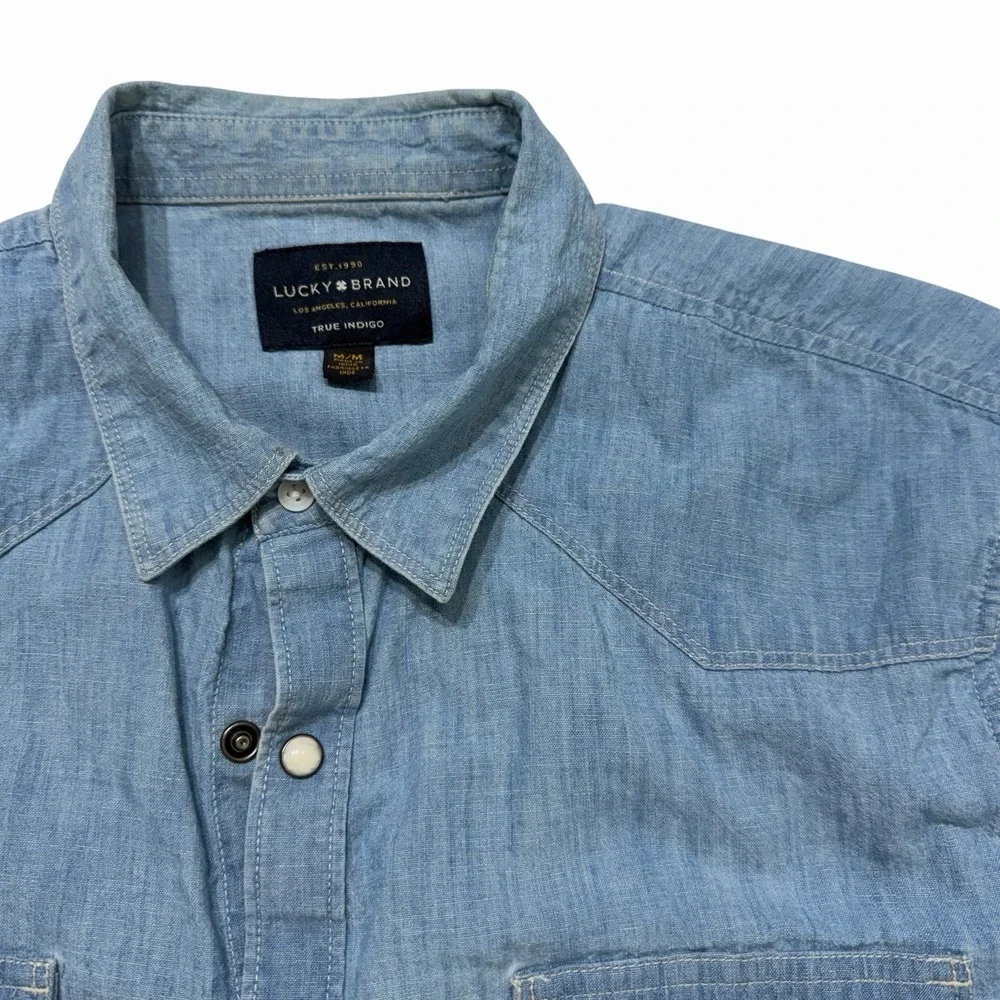 Lucky Brand Western Snap Shirt Mens Medium Blue Chambray Linen Blend M - Picture 1 of 13